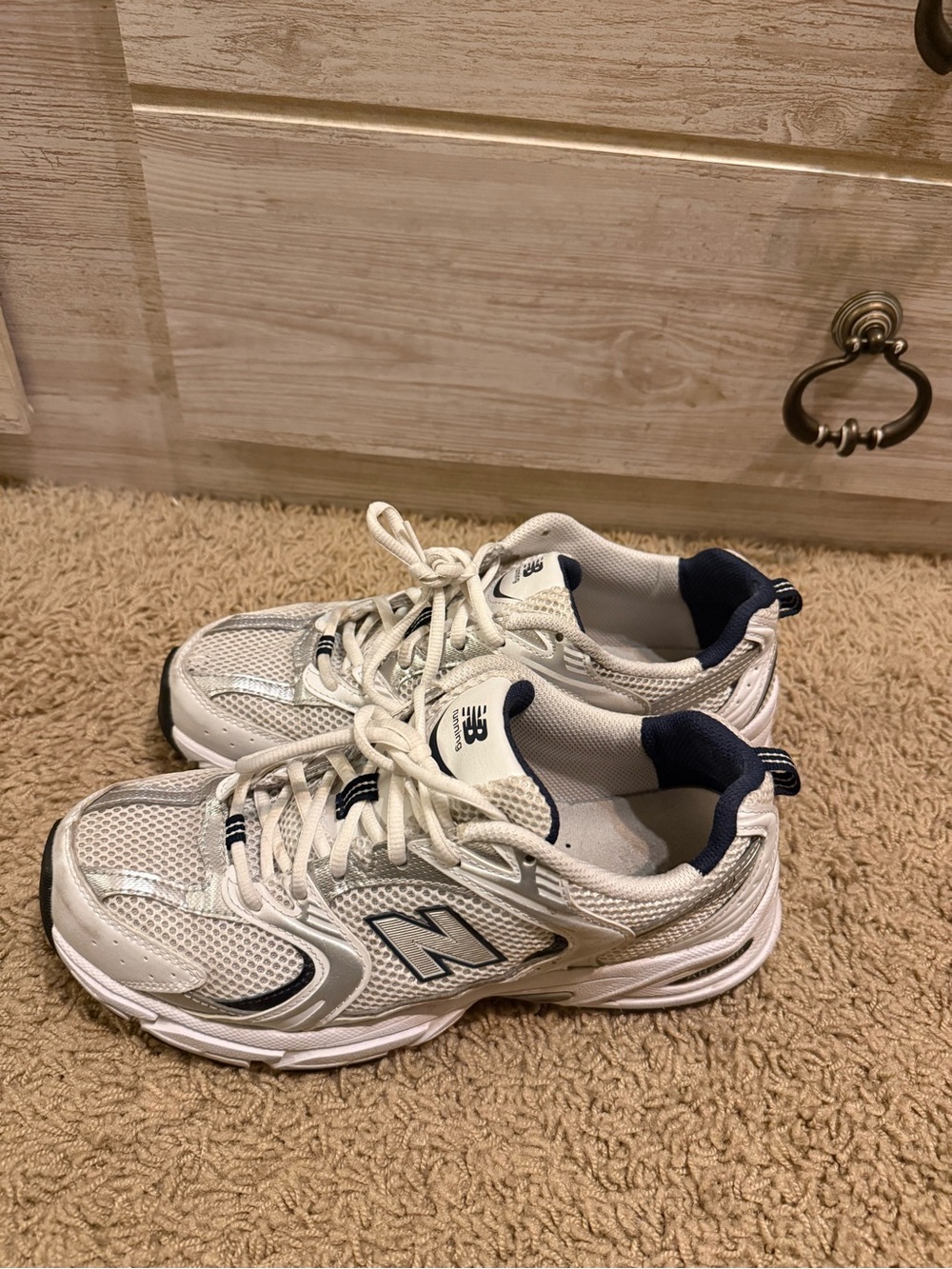 New Balance 530s White and Navy Athletic Sneakers